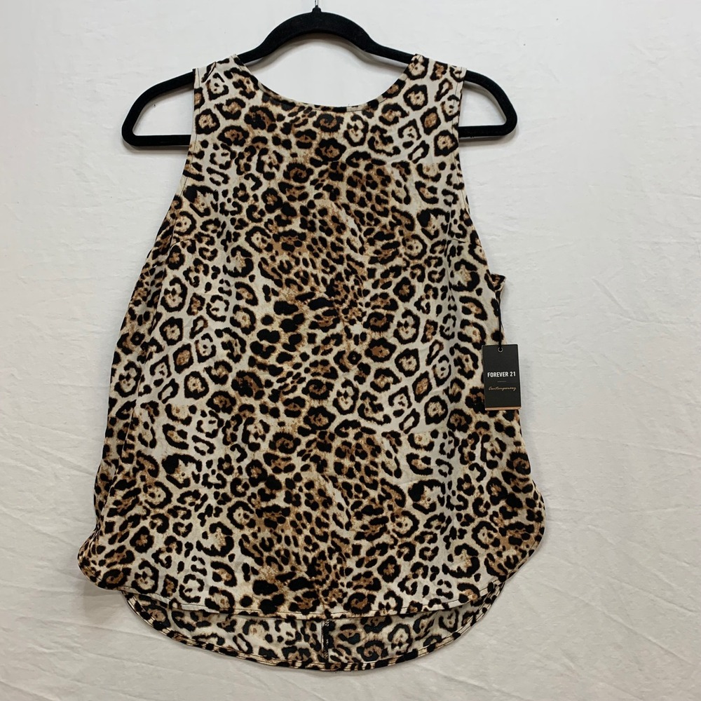 Forever 21 Contemporary Leopard‎ Print Sleeveless Blouse Zipper Back Tan Black M